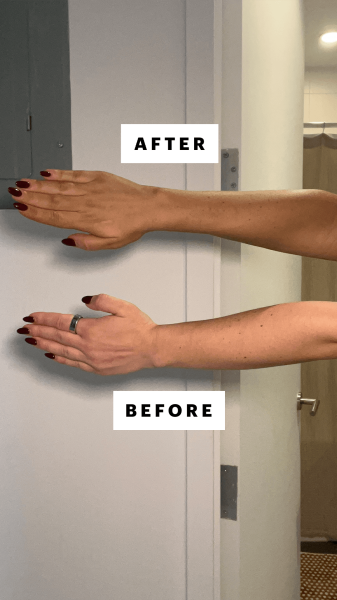 Wohlner before and after applying the Dolce Glow Lusso SelfTanning Mousse