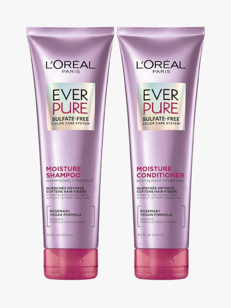 L'Oréal Paris EverPure Moisture Shampoo and Conditioner in branded tube components on a light gray background