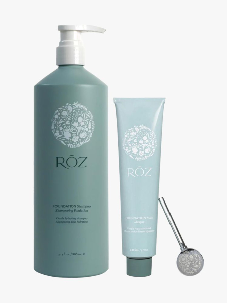 Rôz Foundation Shampoo and Mask turquoise bottle and tube on light gray background