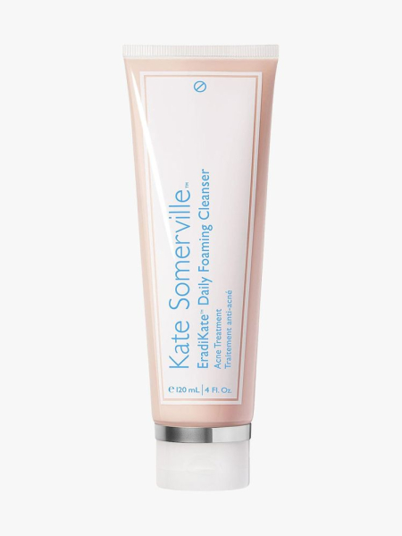 Kate Somerville EradiKate Daily Foaming Cleanser tube of pink facial cleanser on light gray background